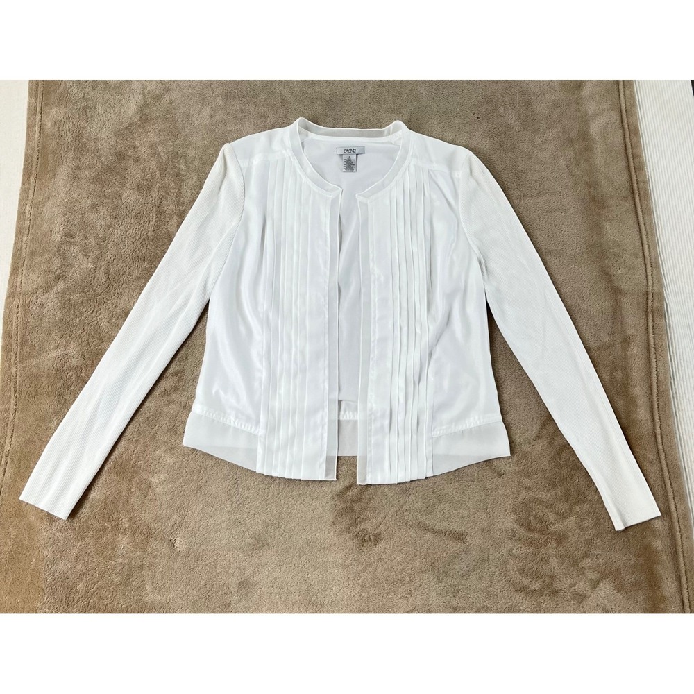 Vintage Cache Open Front Pleated‎ Jacket Women's 4 White Ribbed Knit Sleeve EUC